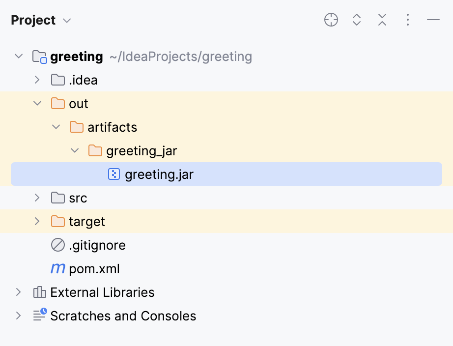 项目工具窗口中查看 out 目录中的生成 JAR 文件 项目工具窗口中查看 out 目录中的生成 JAR 文件