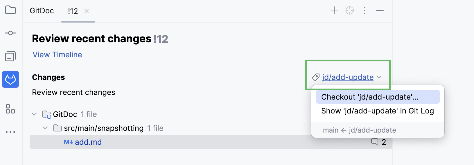 签出具有传入更改的分支