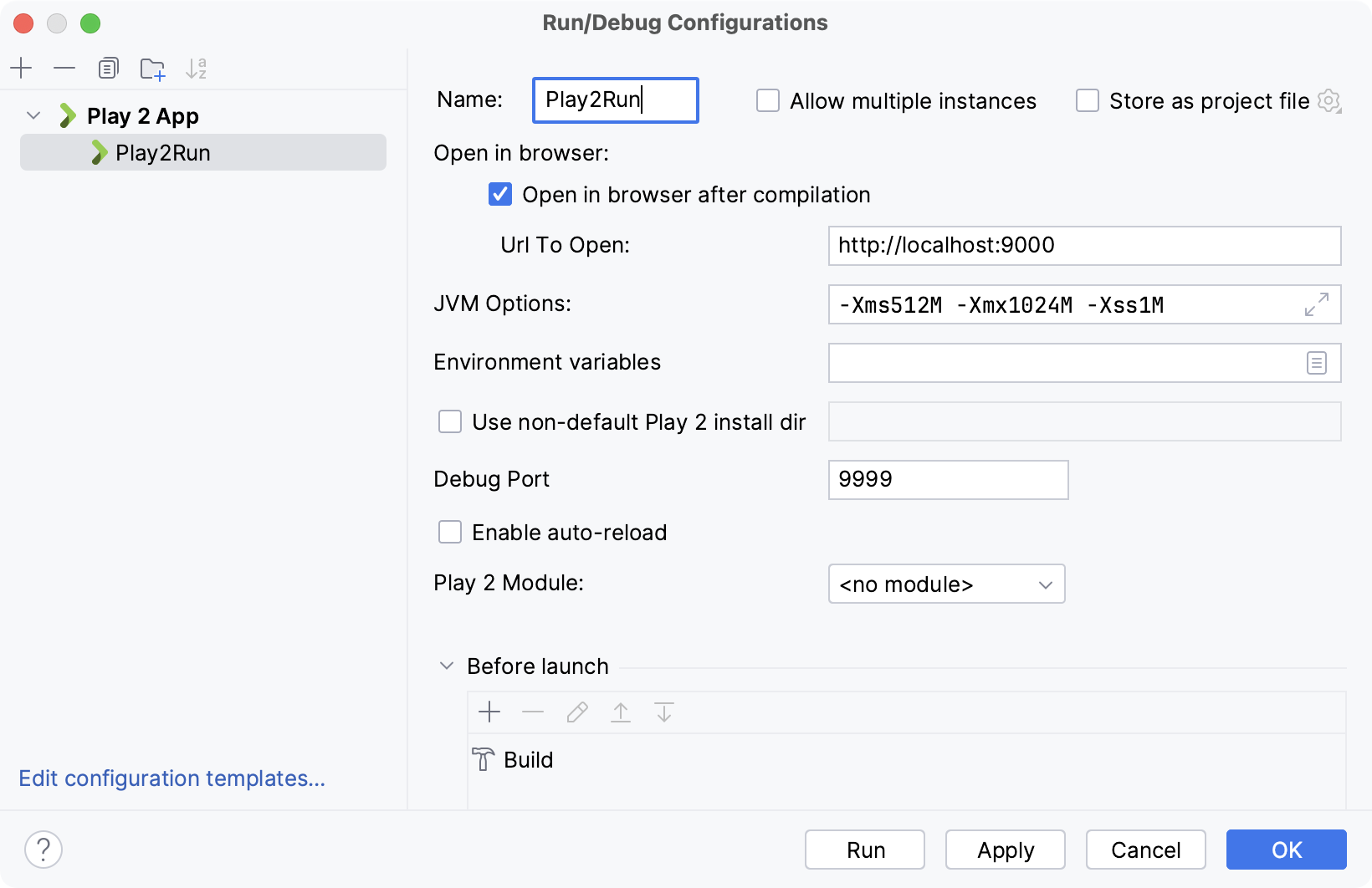 运行/调试配置用于 Play