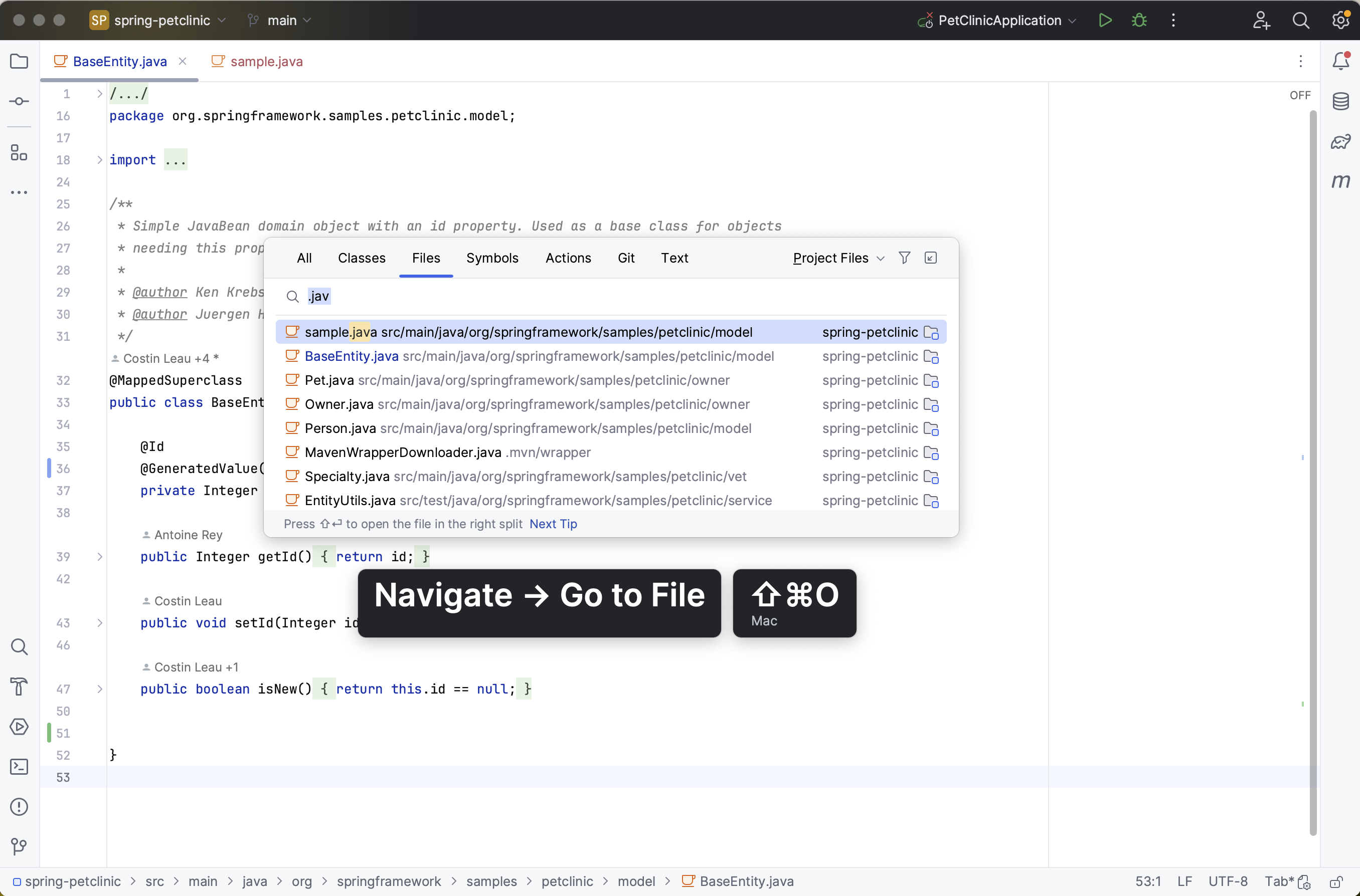 演示助手在 IDE 中显示了查找文件命令。