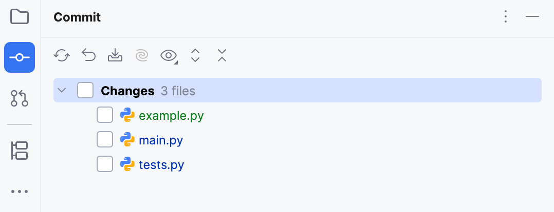Files with various statuses in the Commit tool window