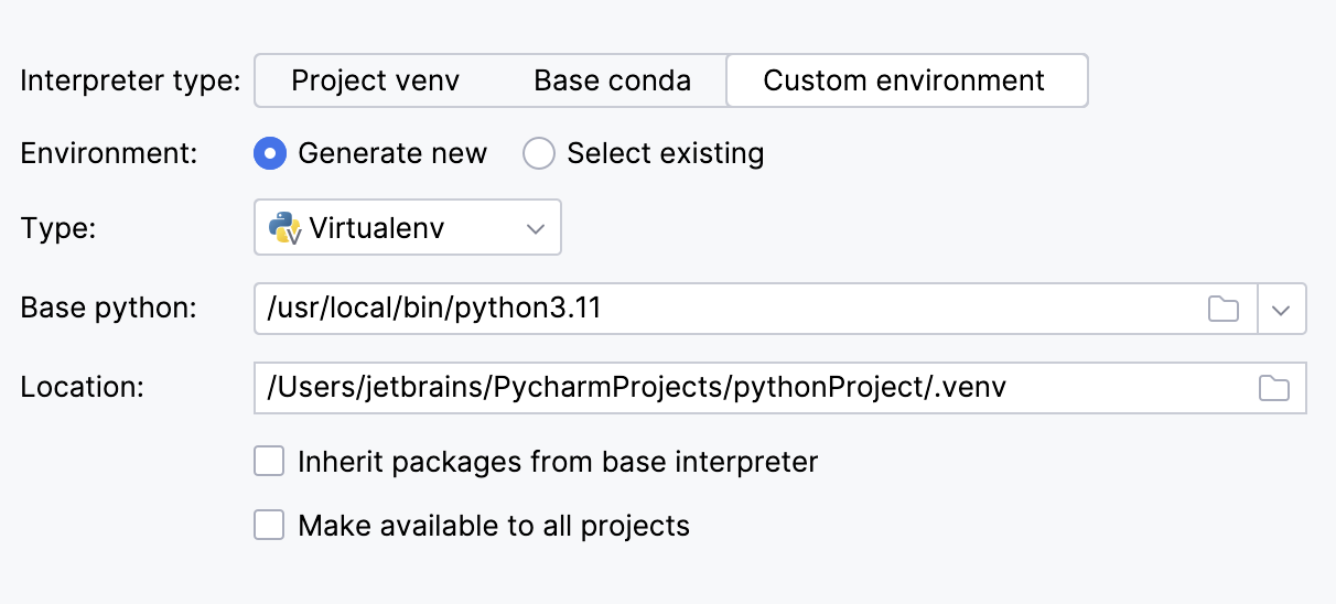 Custom environment options for the new Python project Custom environment options for the new Python project