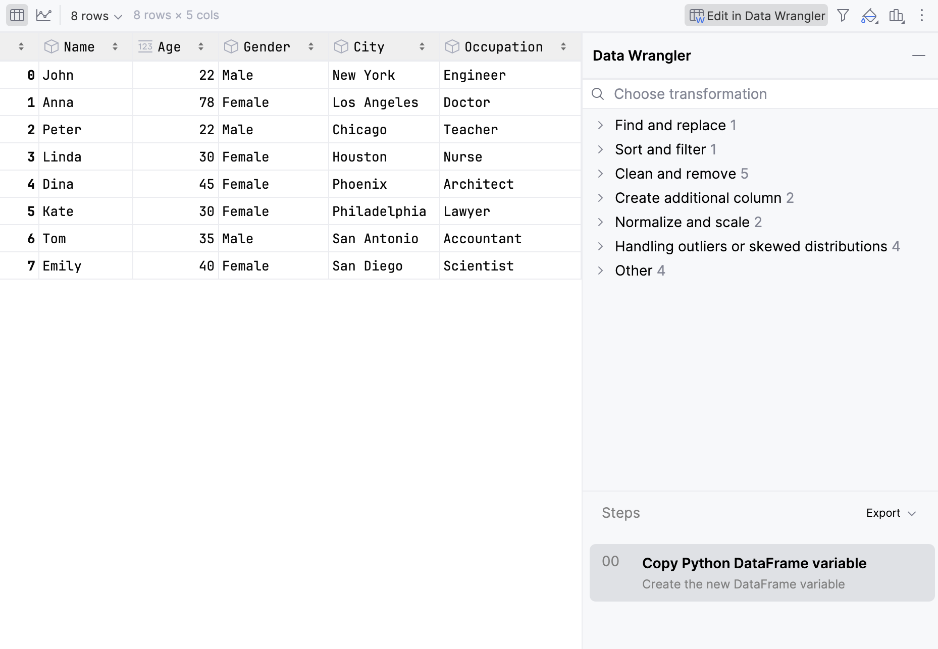 Data Wrangler tab opened Data Wrangler tab opened