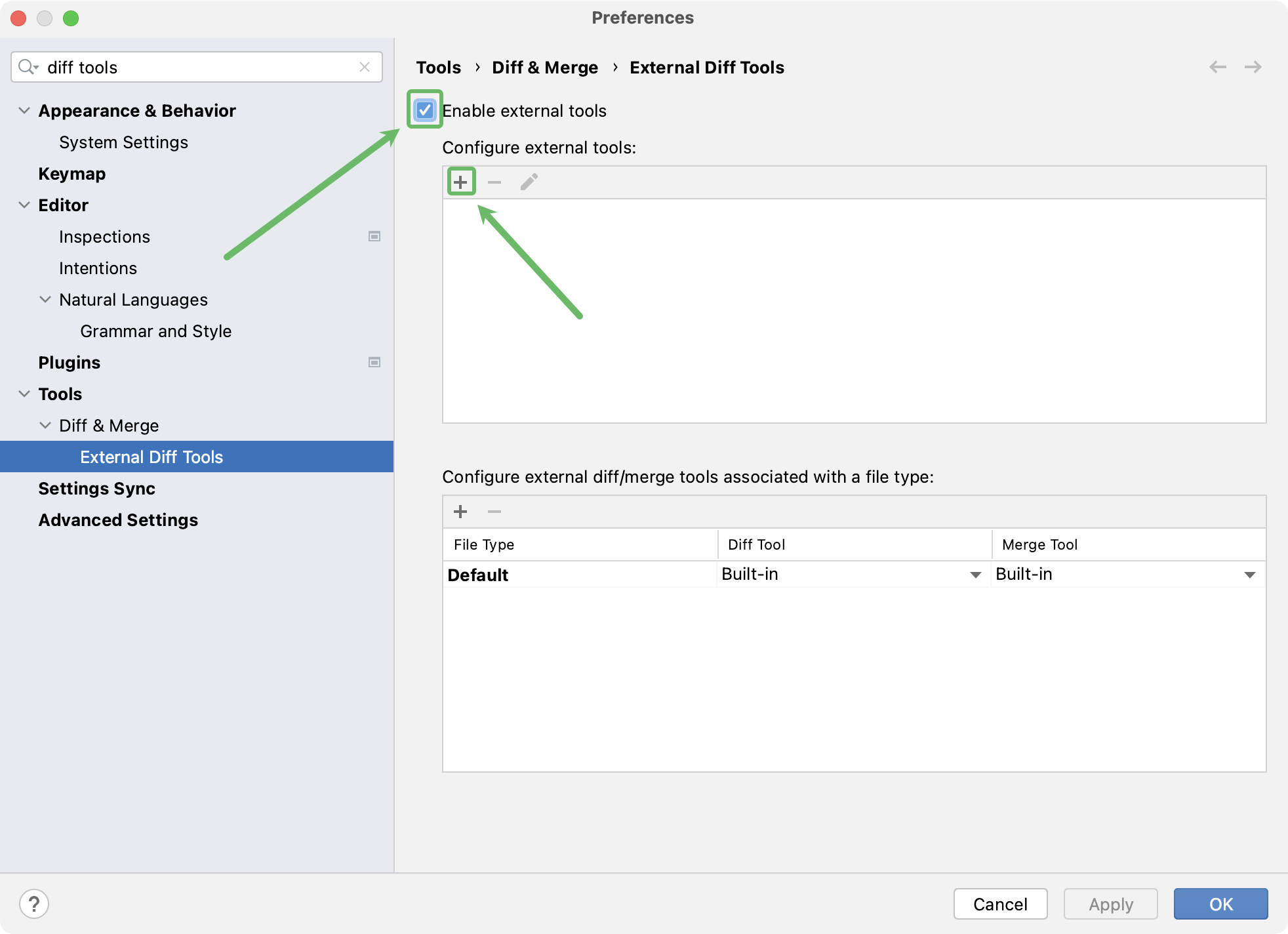 Enable external diff tools Enable external diff tools