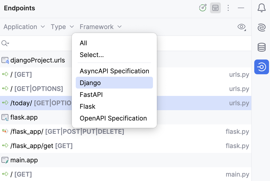 Endpoint tool window: filter by framework