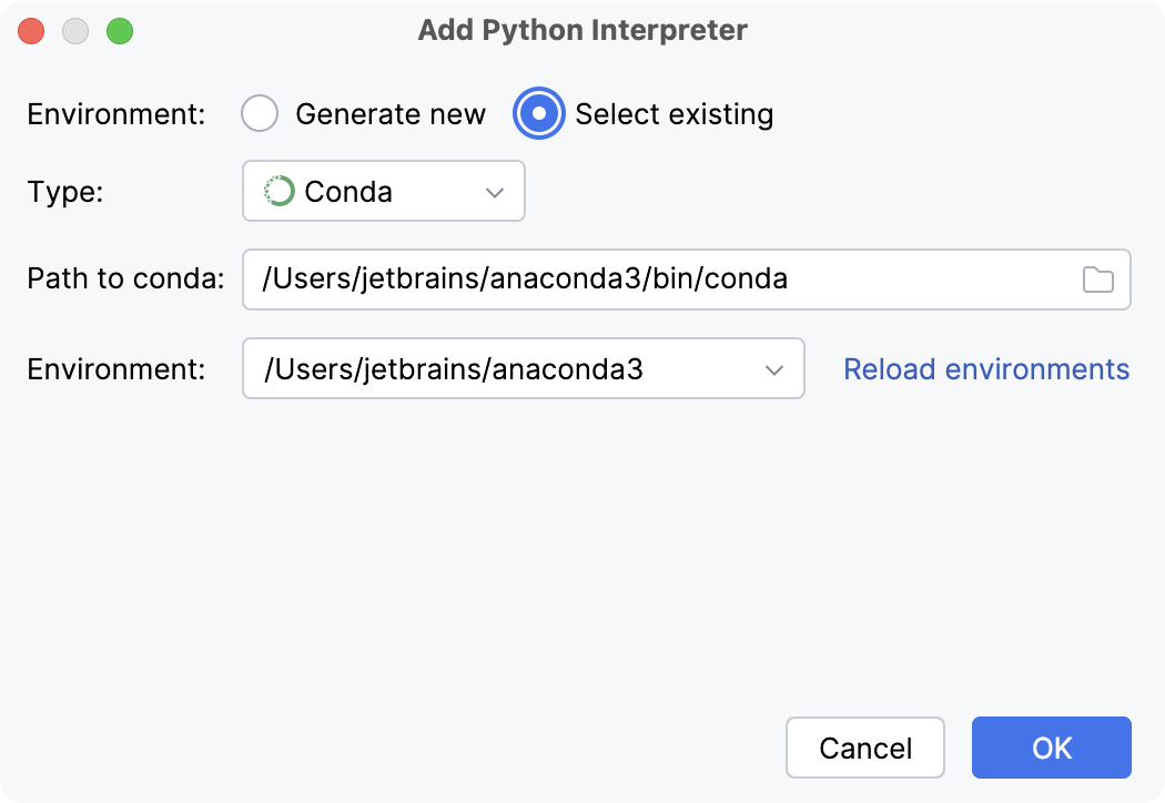 选择现有的 conda 环境