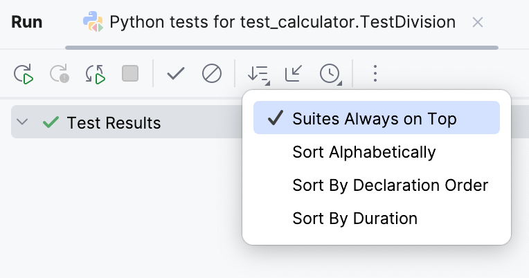 Filter test results options in the tests results toolbar
