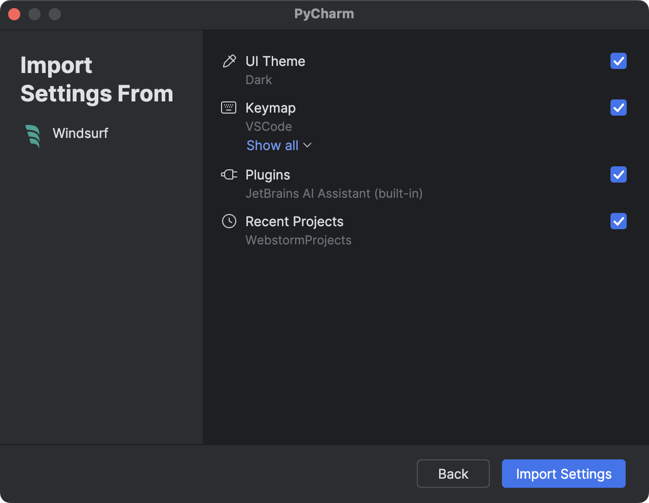 Windsurf settings selection