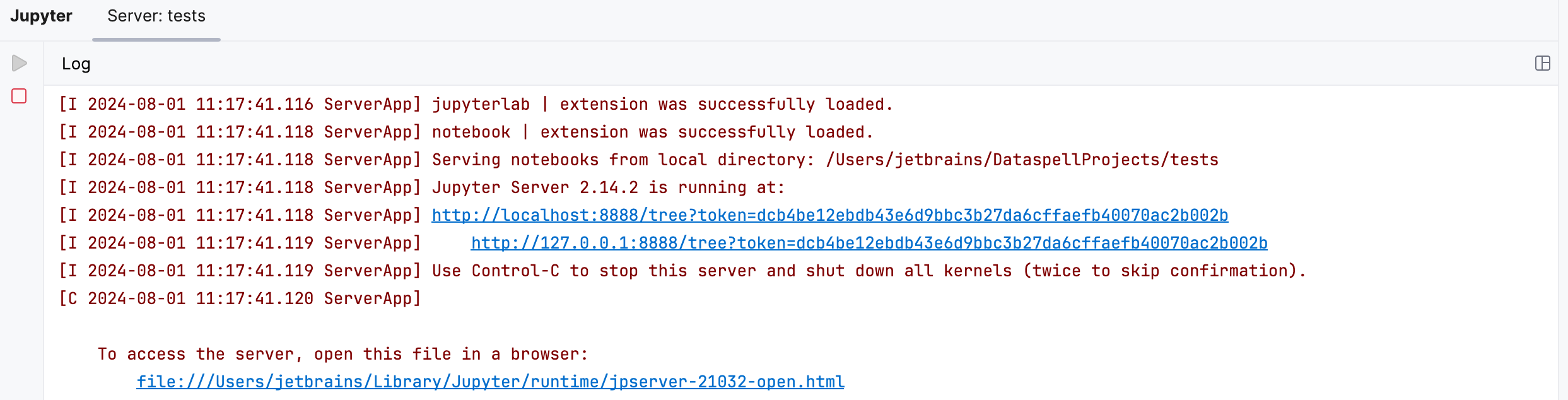 Jupyter 服务器工具窗口：服务器日志选项卡