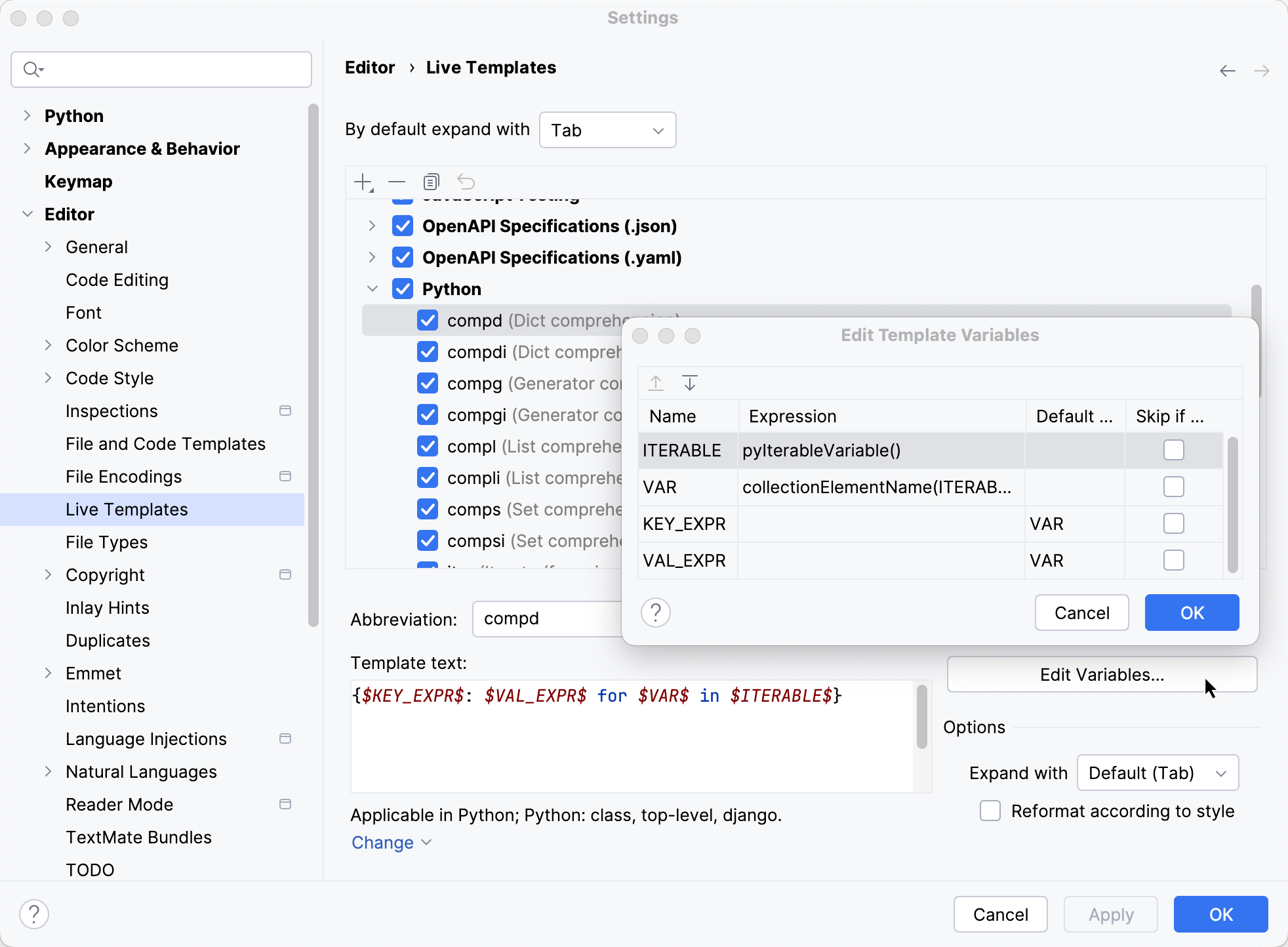 Live template variables