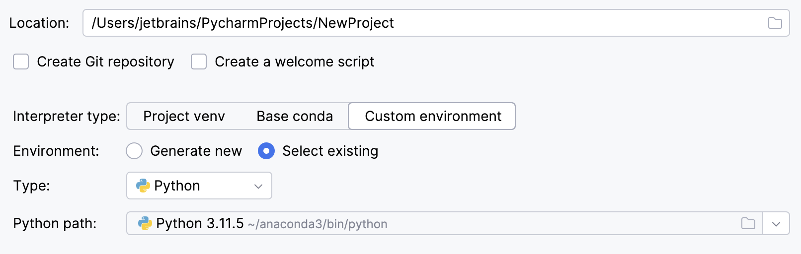 Selecting an existing interpreter for a new project Selecting an existing interpreter for a new project