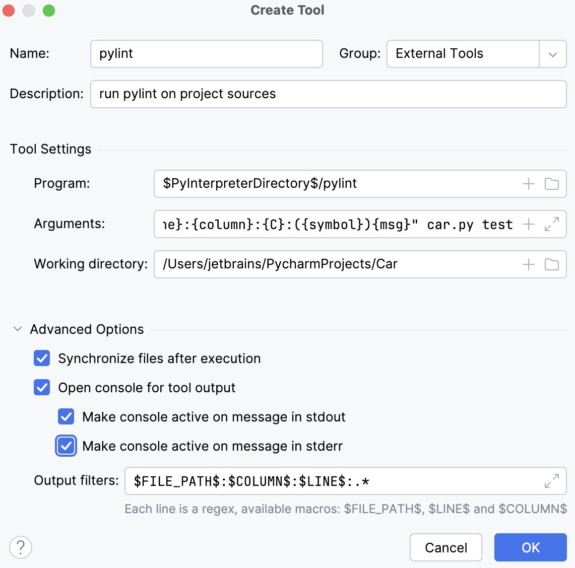 Configure pylint as an external tool