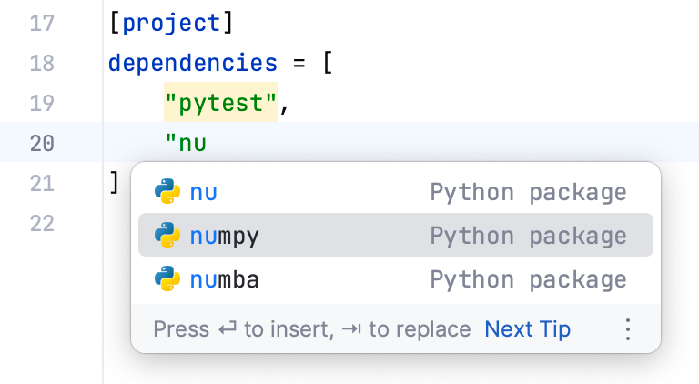 Code completion for packages names in pyproject.toml Code completion for packages names in pyproject.toml