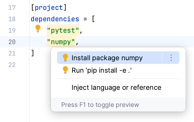 Quick-fixes for installing packages in pyproject.toml Quick-fixes for installing packages in pyproject.toml