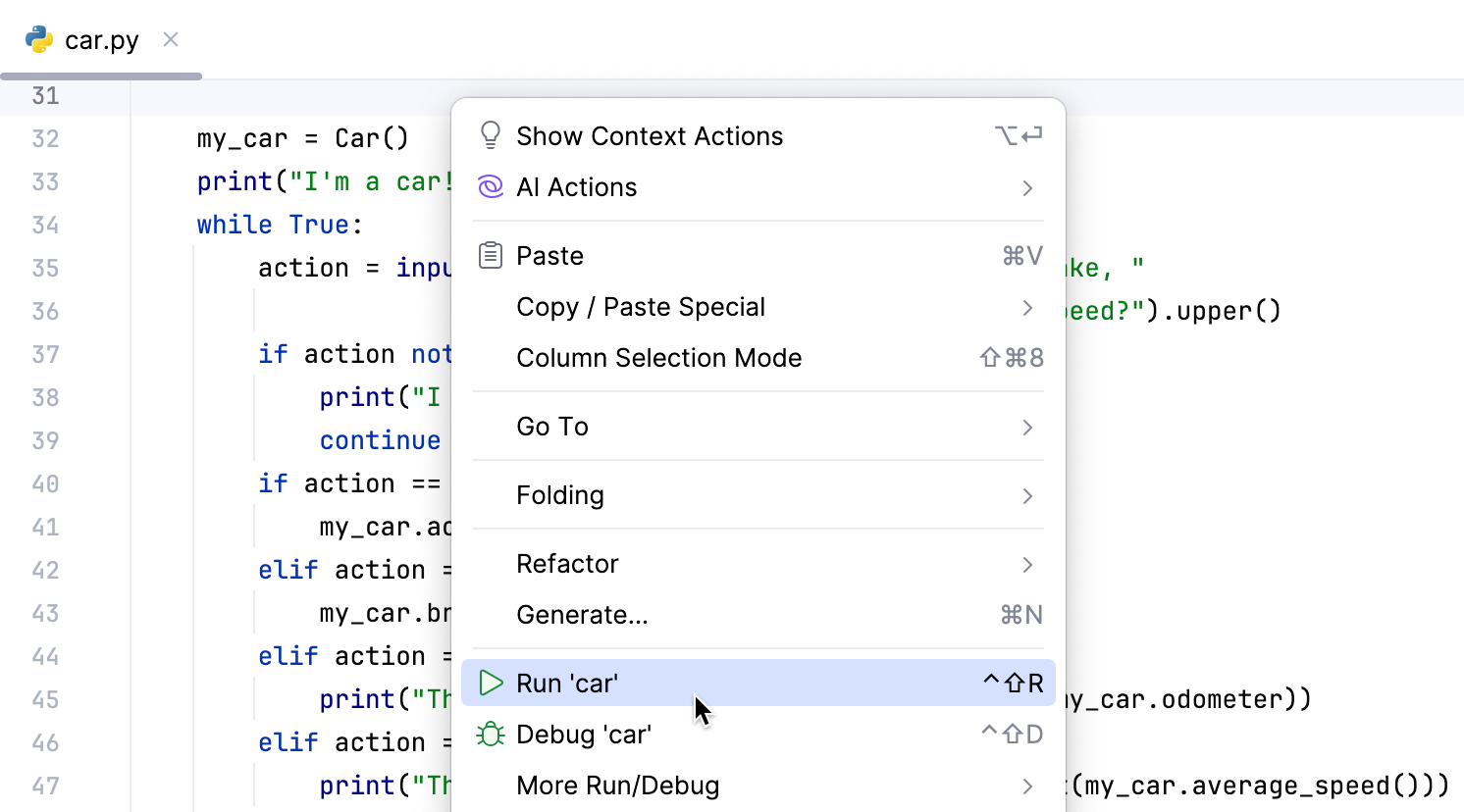 Run context menu Run context menu
