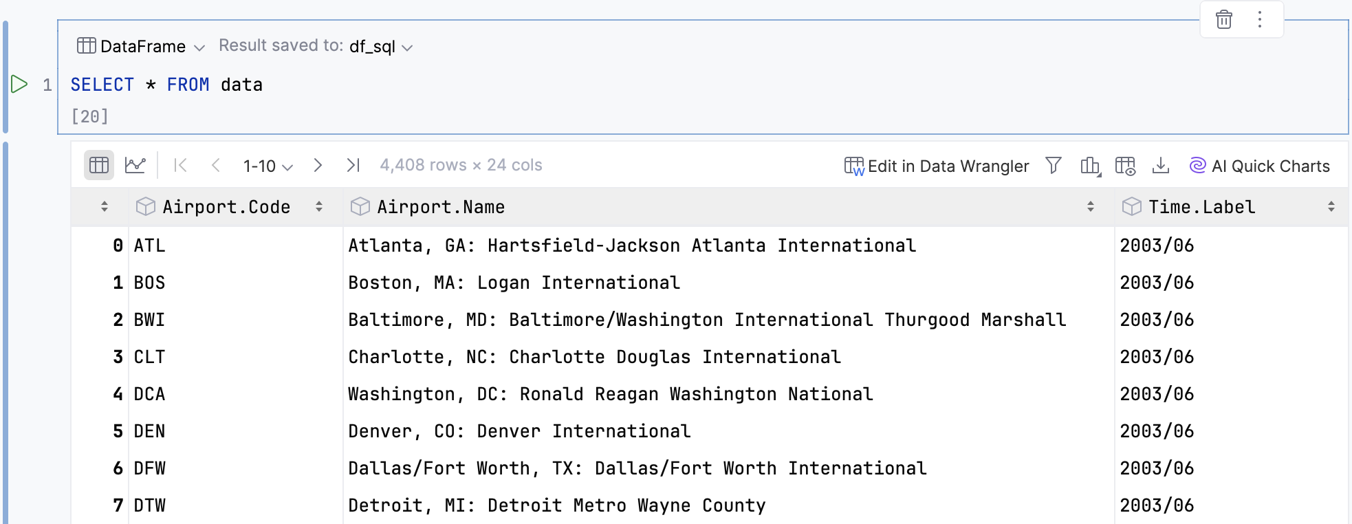 Query results displayed in dataframes