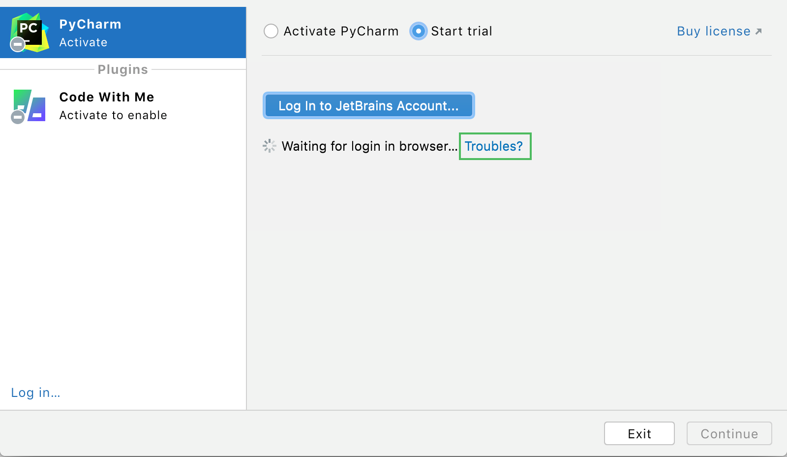 The Troubles button in the Login dialog The Troubles button in the Login dialog