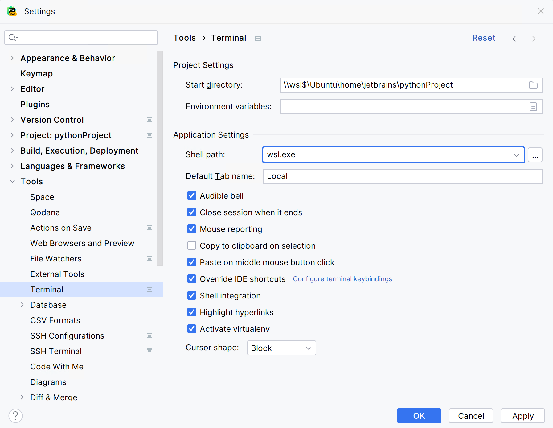 Terminal settings Terminal settings
