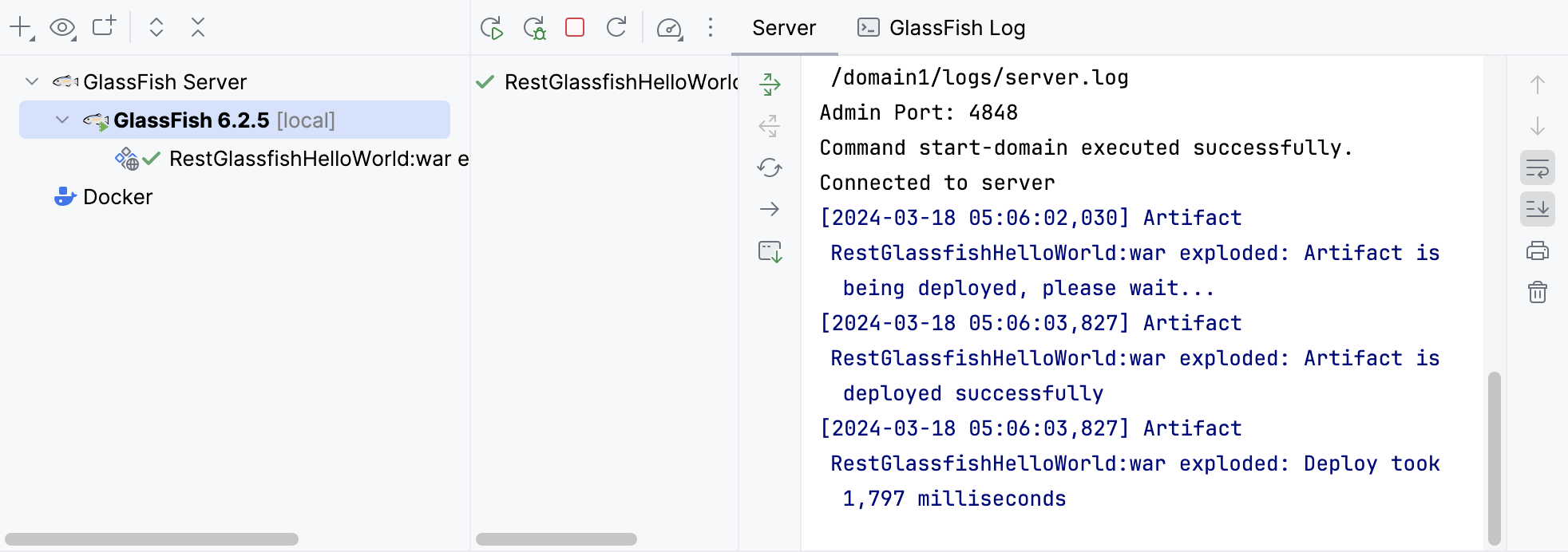 在服务工具窗口中启动 GlassFish 服务器并部署应用程序 在服务工具窗口中启动 GlassFish 服务器并部署应用程序