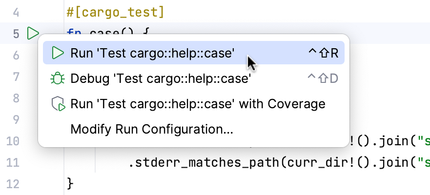 使用边栏图标运行测试