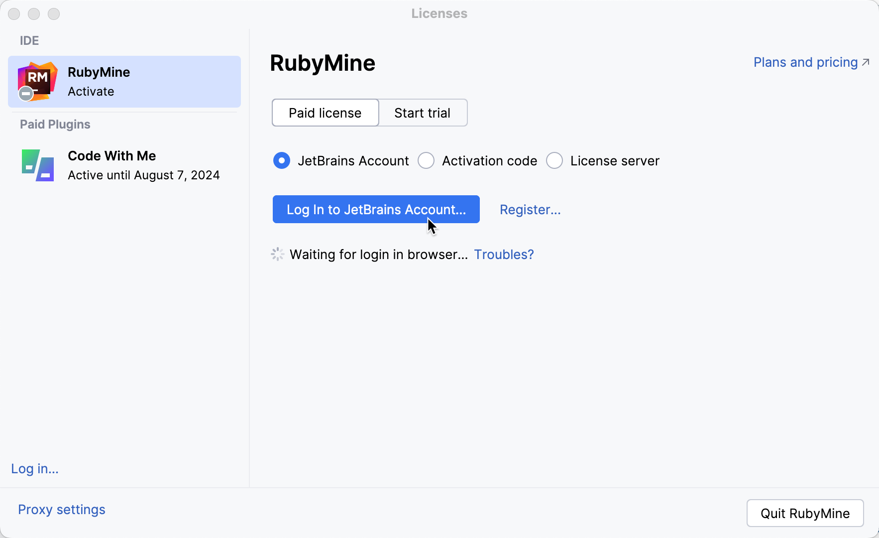 使用 JB 帐号激活 RubyMine 许可证 使用 JB 帐号激活 RubyMine 许可证