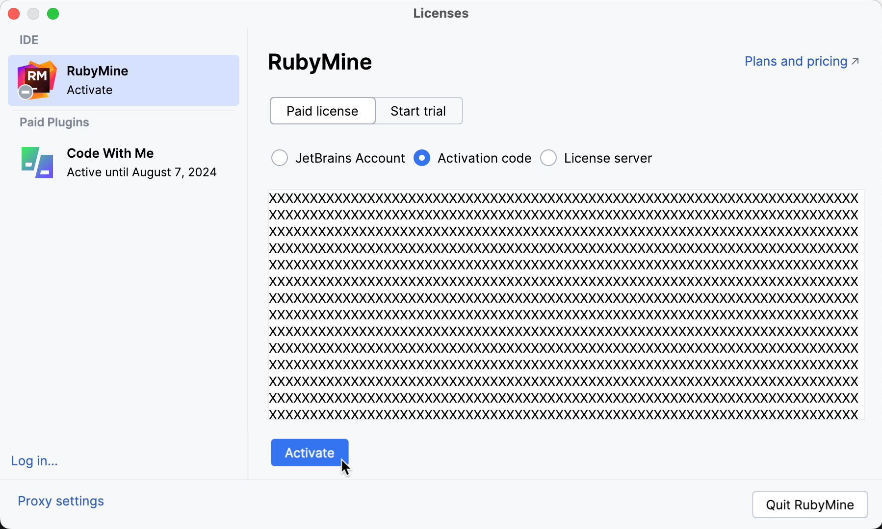 使用激活码激活 RubyMine 许可证 使用激活码激活 RubyMine 许可证