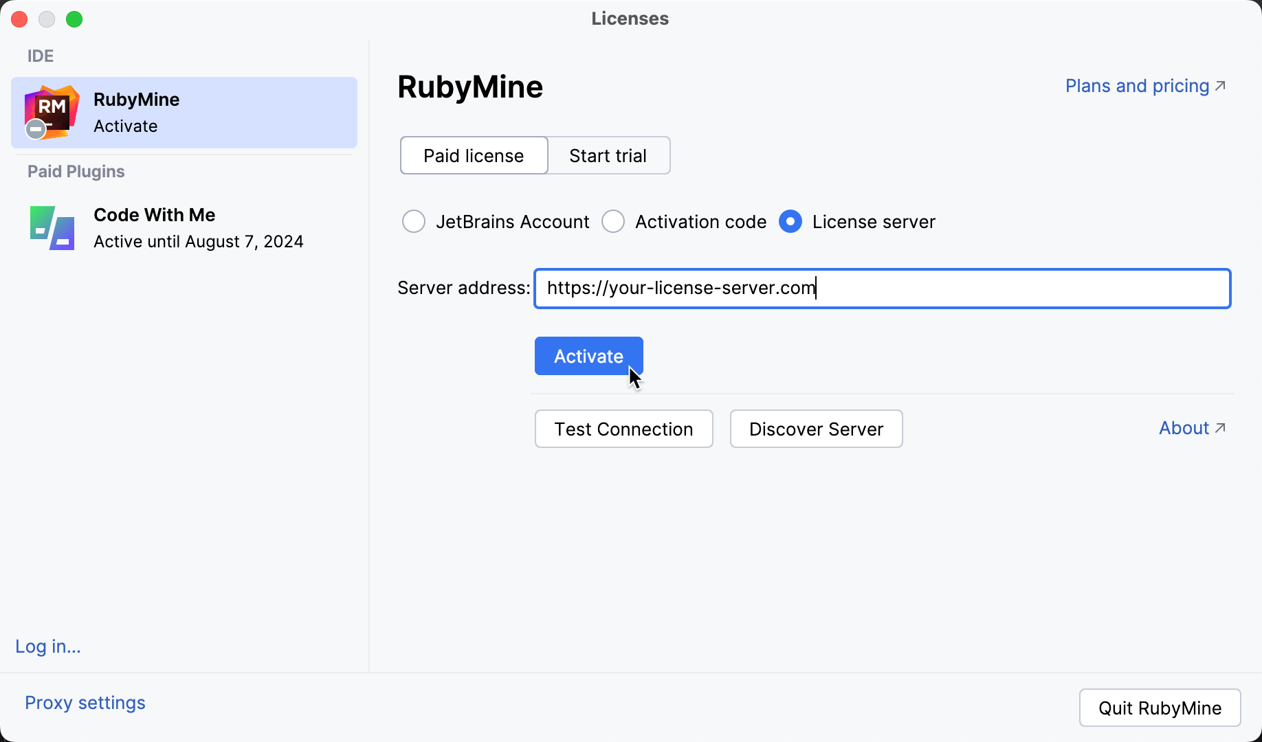 使用许可证服务器激活 RubyMine 许可证 使用许可证服务器激活 RubyMine 许可证