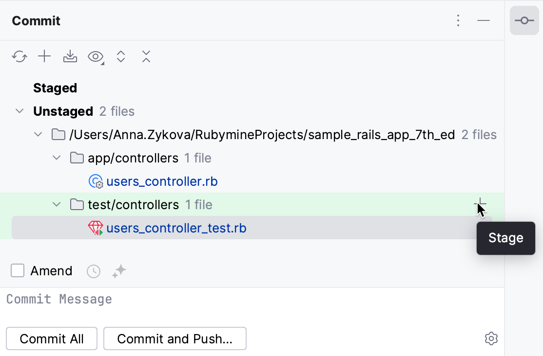 从提交工具窗口中暂存 从提交工具窗口中暂存
