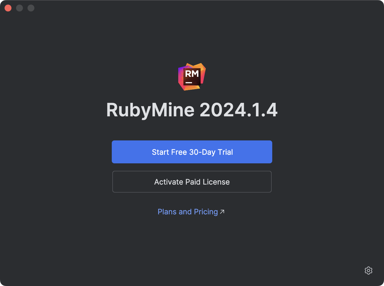 “许可证”对话框中提供了选择开始试用或激活 RubyMine 的选项 “许可证”对话框中提供了选择开始试用或激活 RubyMine 的选项