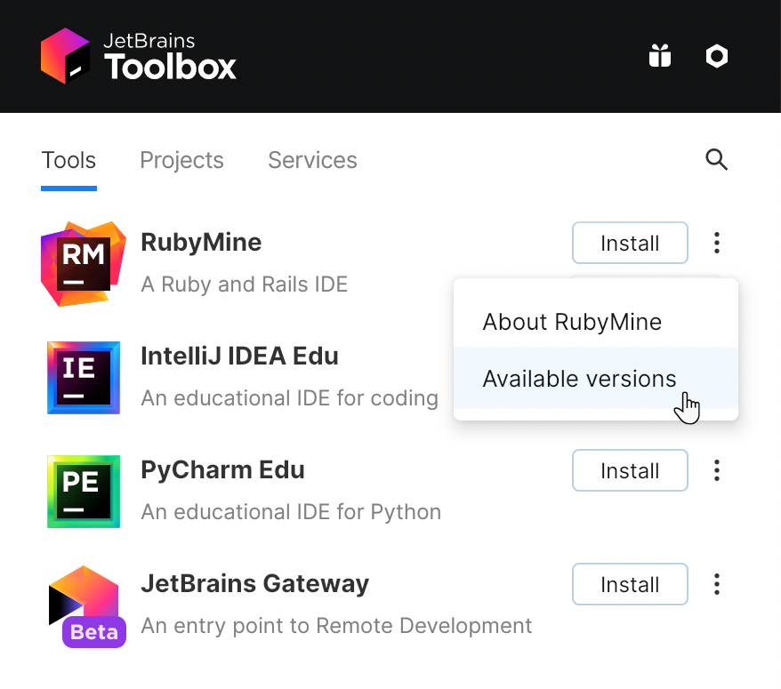 Toolbox App 中的 RubyMine Toolbox App 中的 RubyMine
