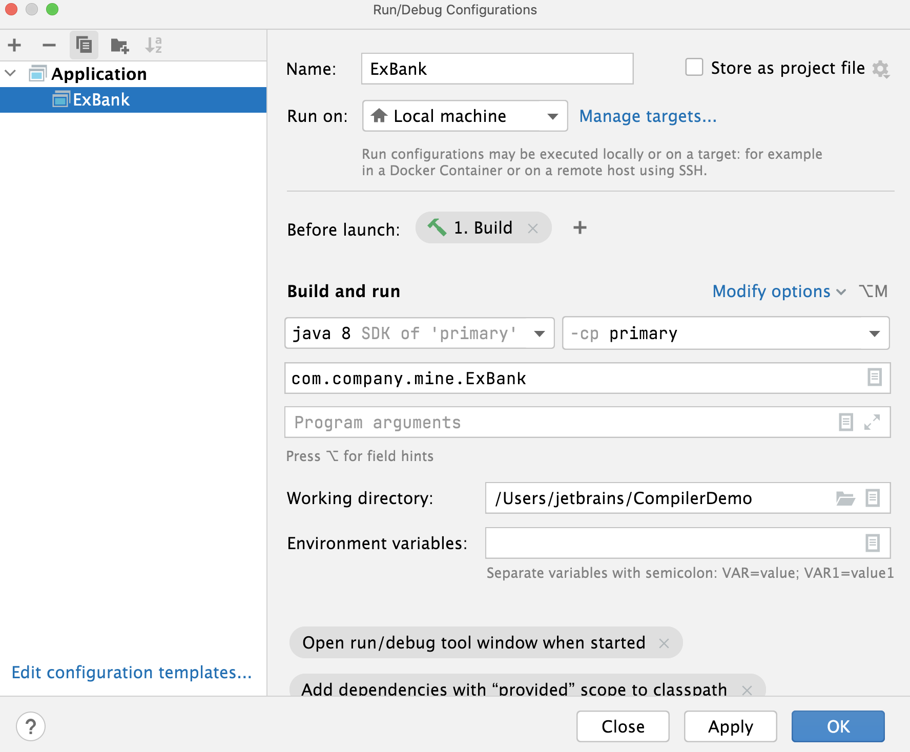 运行/调试配置对话框：启动前