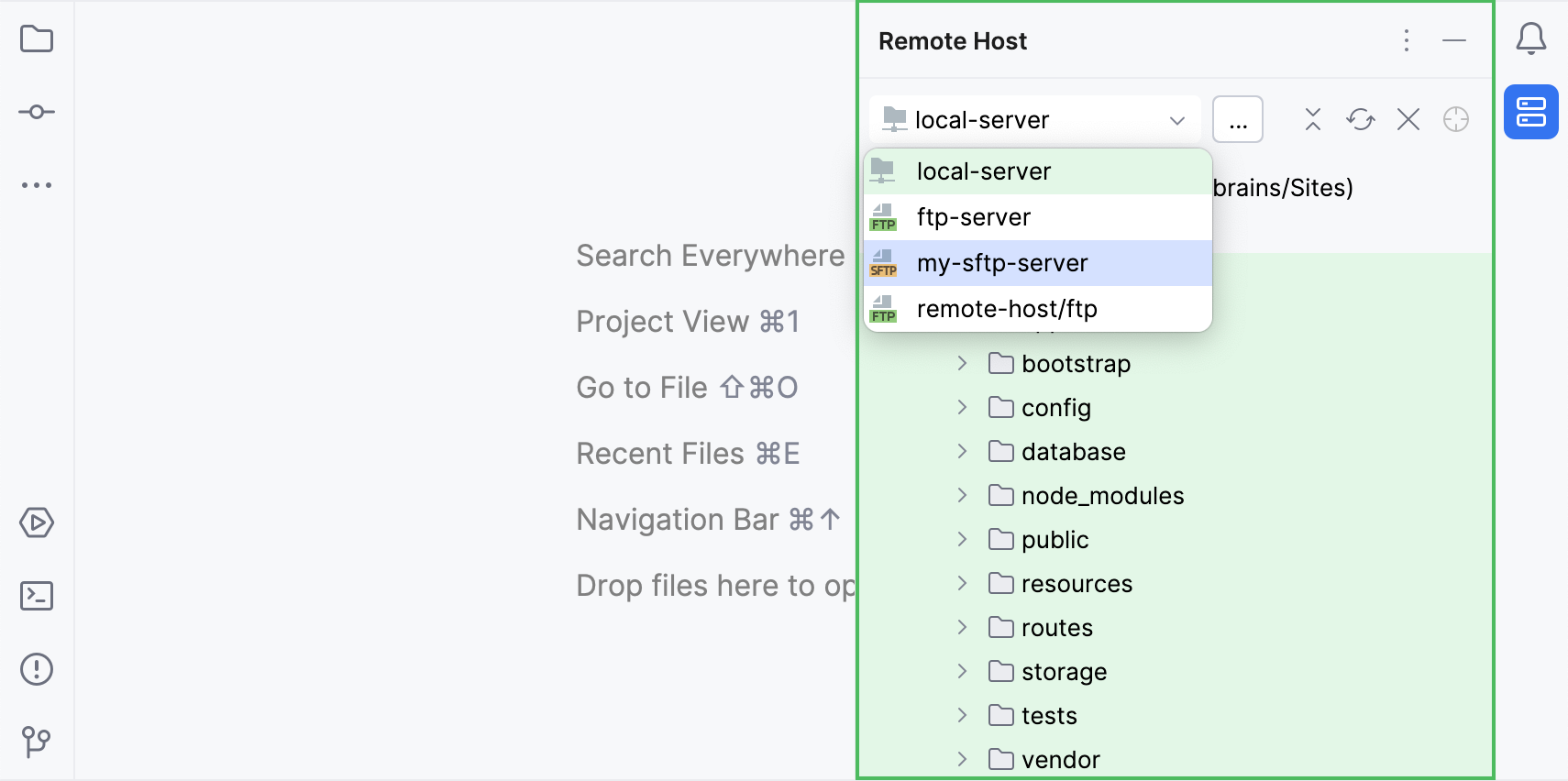 打开 Remote Host 工具窗口并选择服务器 打开 Remote Host 工具窗口并选择服务器