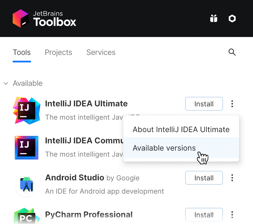 Toolbox 应用中的 IntelliJ IDEA