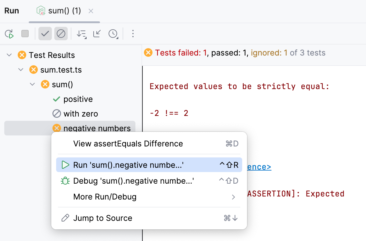 从运行工具窗口重新运行单个测试