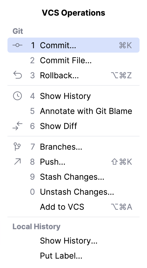 启用 VCS 时可用操作列表 启用 VCS 时可用操作列表