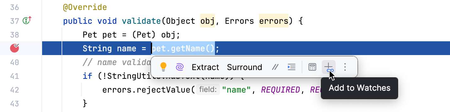 浮动工具栏中的 Add to Watches 按钮