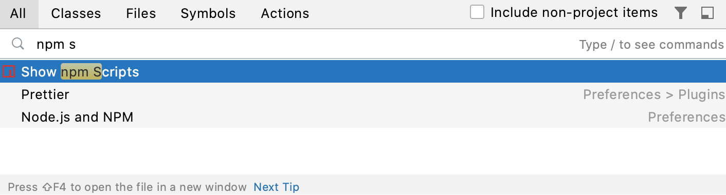 通过 Search Everywhere 打开 npm 工具窗口