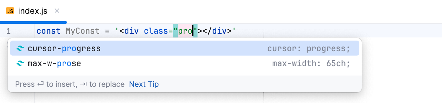 JavaScript 字符串字面量中 Tailwind 类的补全