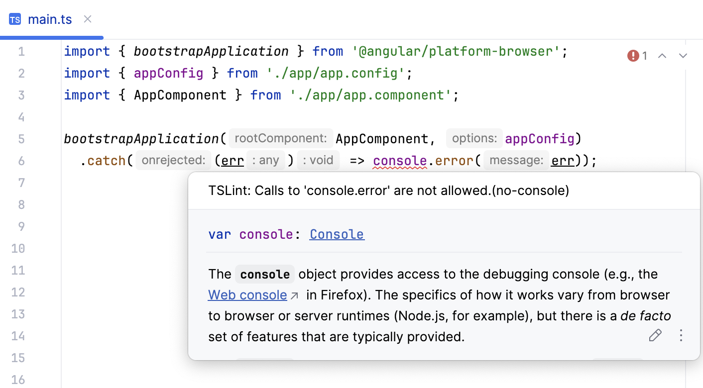 TSLint：错误和警告会被高亮显示，问题描述会在工具提示中显示。