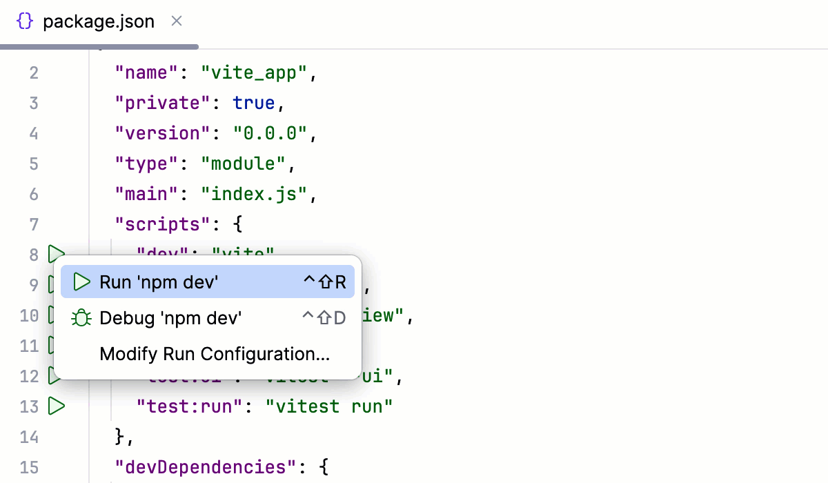 从 package.json 在开发模式下运行 Vite 应用
