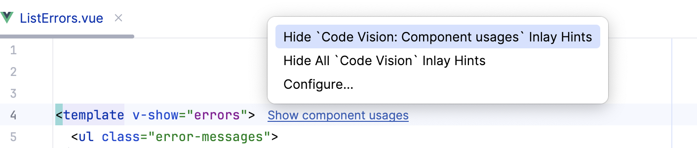 关闭编辑器中的 Component 用法