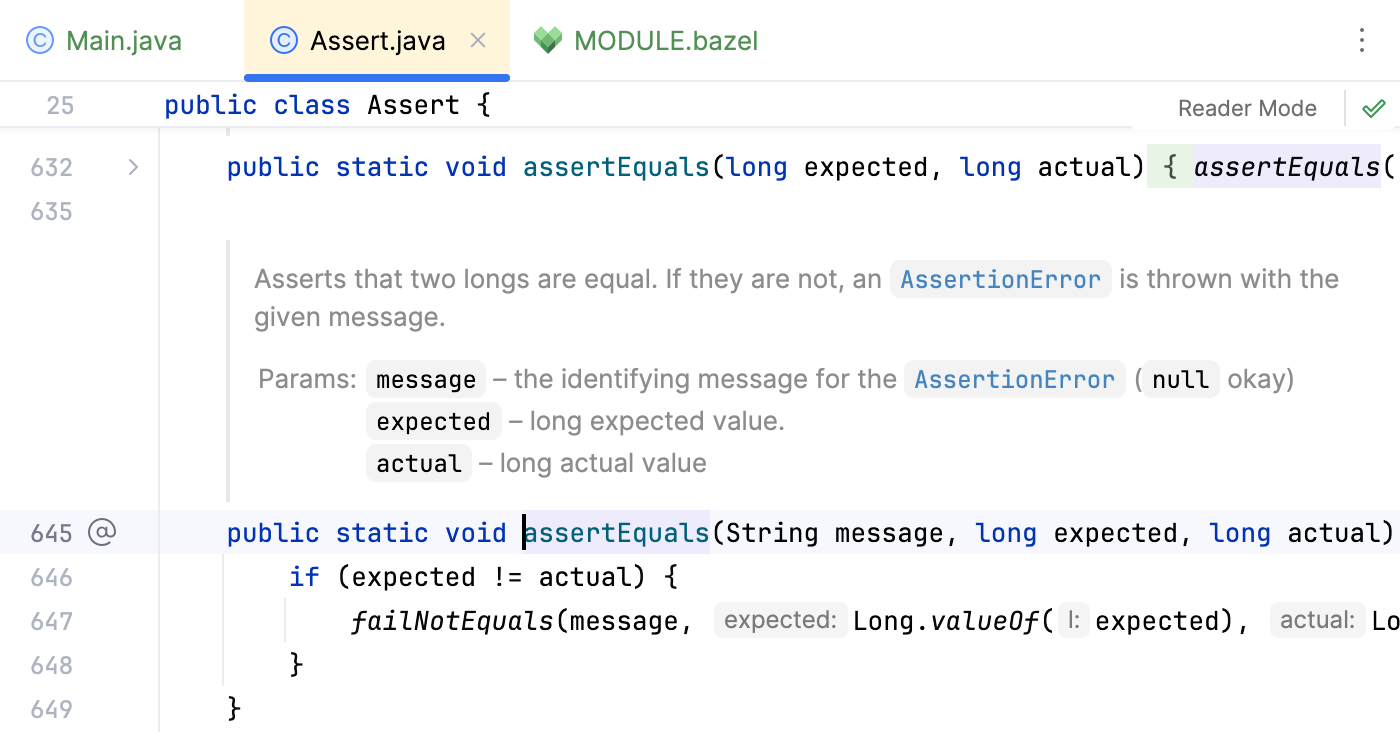 Editor tab with the open Assert.java file (not decompiled)