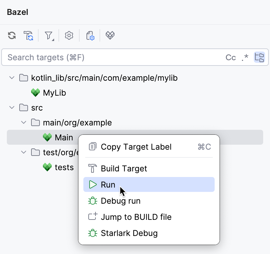 A context menu with the Run option appears on right-clicking the Main target in the Bazel tool window