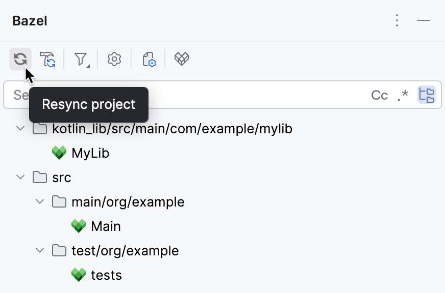 The 'Resync project' button on the Bazel tool window's toolbar