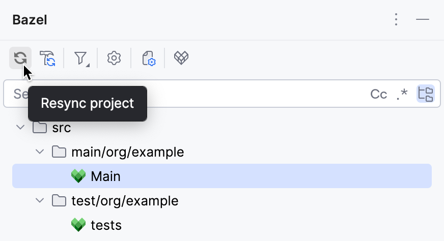The 'Resync project' button on the Bazel tool window's toolbar