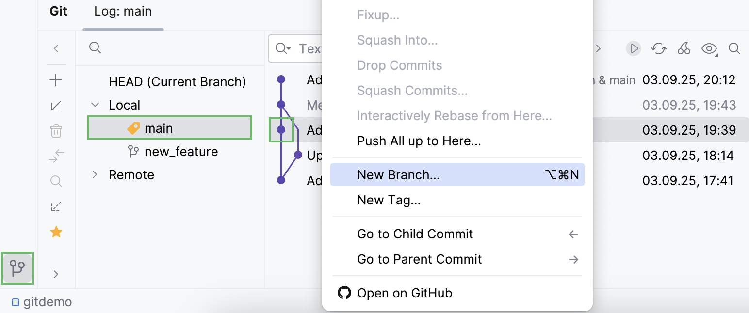 New branch from a selected commit in the Log tab