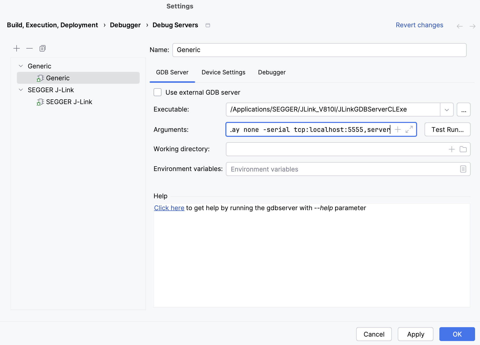 Configuring a generic debug server