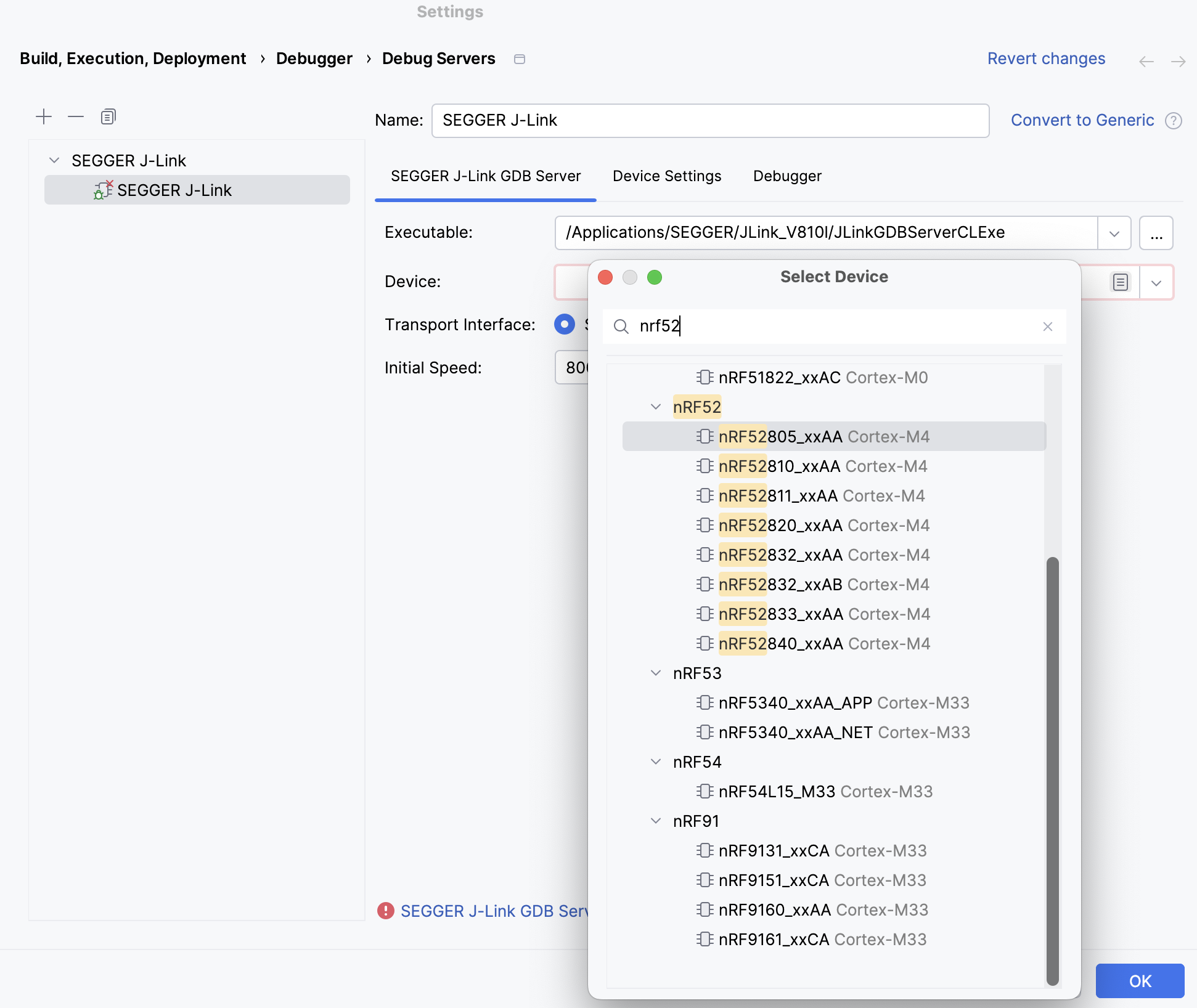 Configuring a SEGGER J-Link debug server