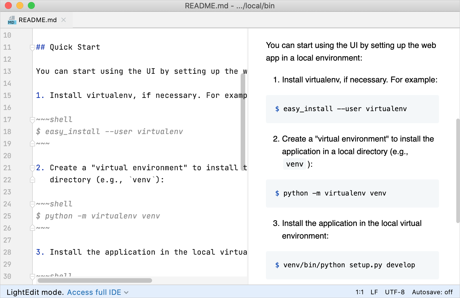 在 LightEdit 模式中打开的文件