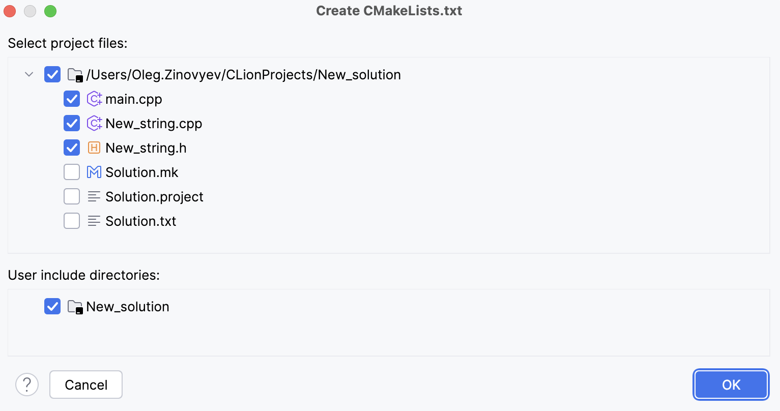 Create CMakeLists.txt dialog